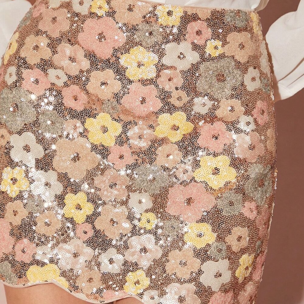 Champagne Gold Elegant Women's Romantic Sparkling Floral Sequin ALine Mini Skirt - Picture 3 of 8